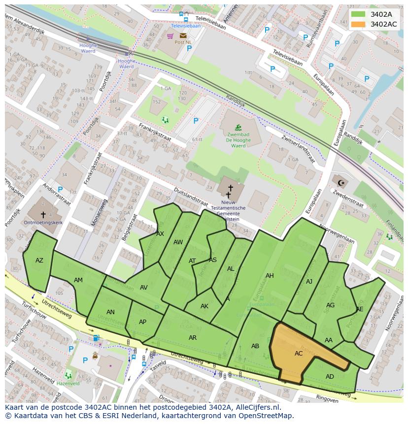 Afbeelding van het postcodegebied 3402 AC op de kaart.