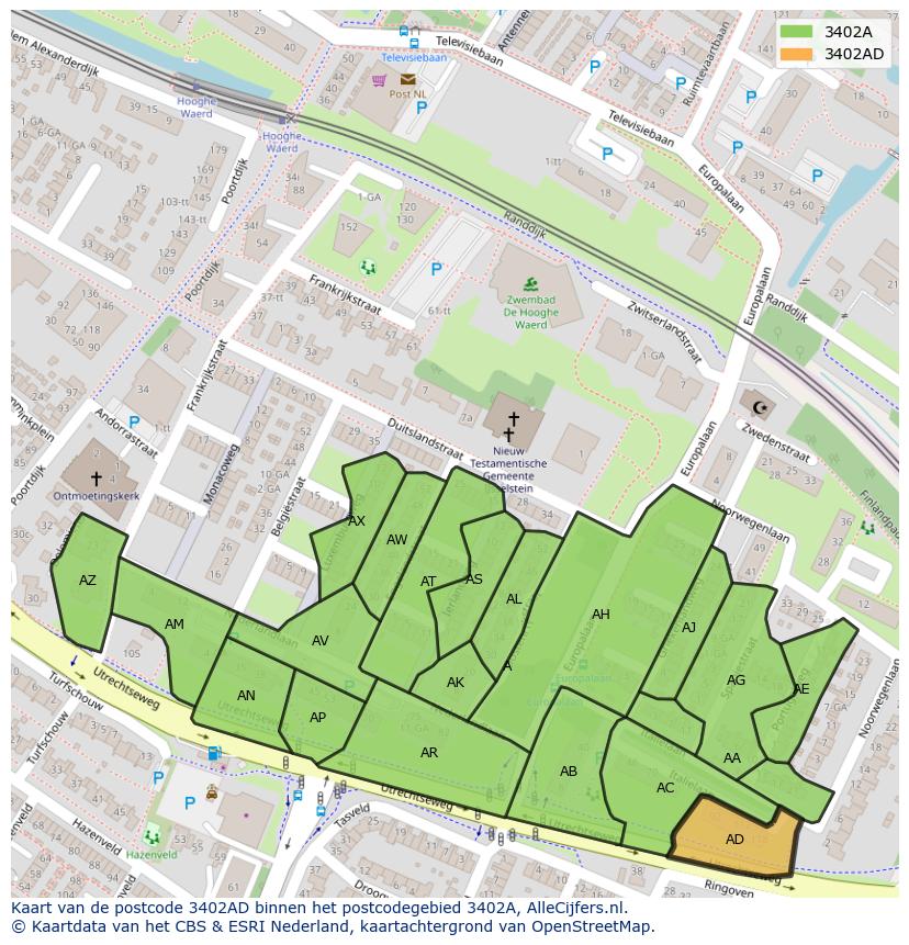 Afbeelding van het postcodegebied 3402 AD op de kaart.
