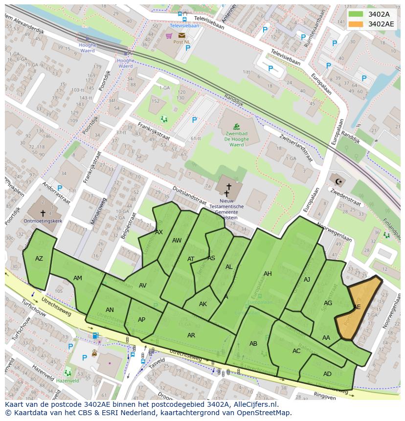 Afbeelding van het postcodegebied 3402 AE op de kaart.