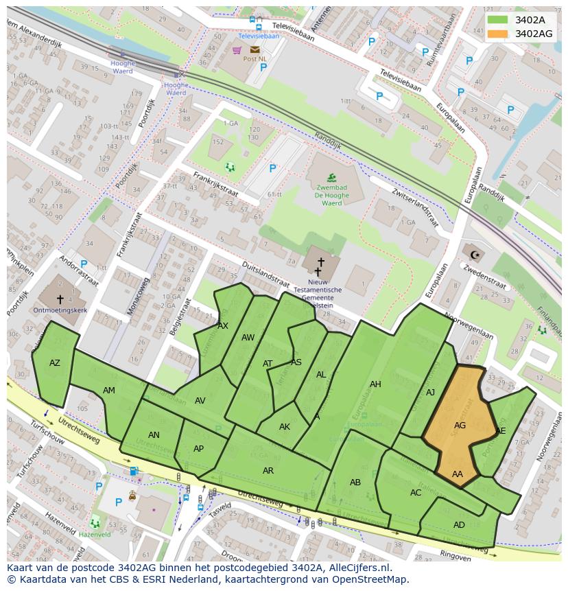 Afbeelding van het postcodegebied 3402 AG op de kaart.