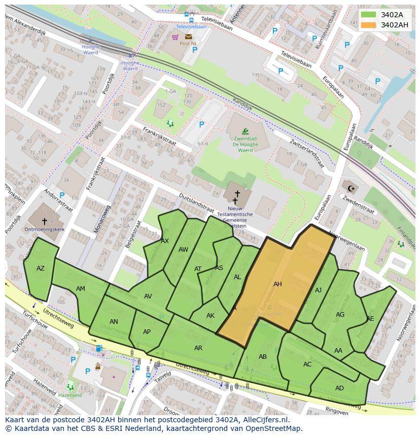 Afbeelding van het postcodegebied 3402 AH op de kaart.