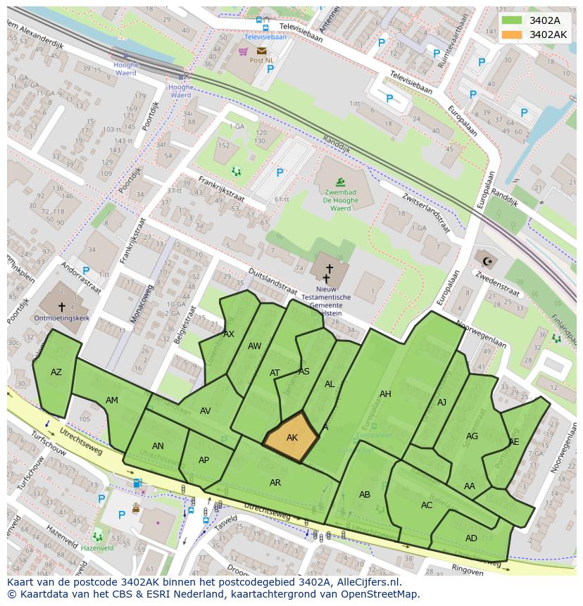 Afbeelding van het postcodegebied 3402 AK op de kaart.