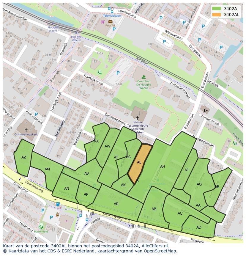 Afbeelding van het postcodegebied 3402 AL op de kaart.
