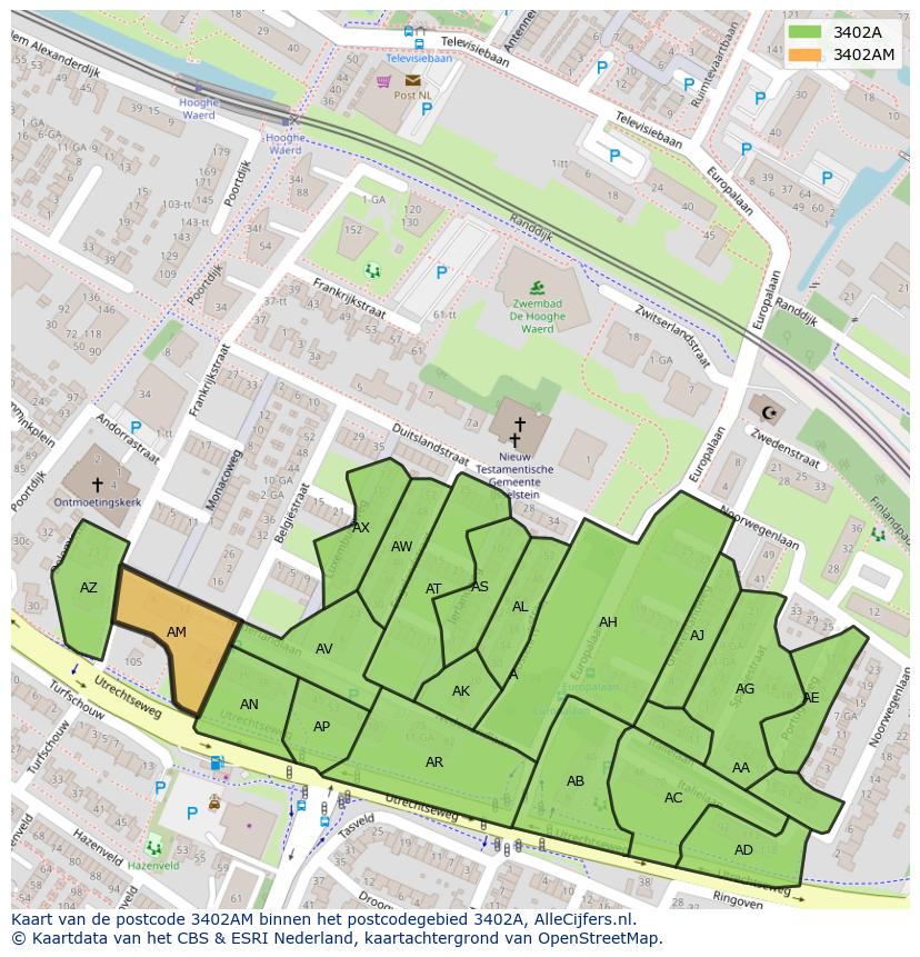 Afbeelding van het postcodegebied 3402 AM op de kaart.