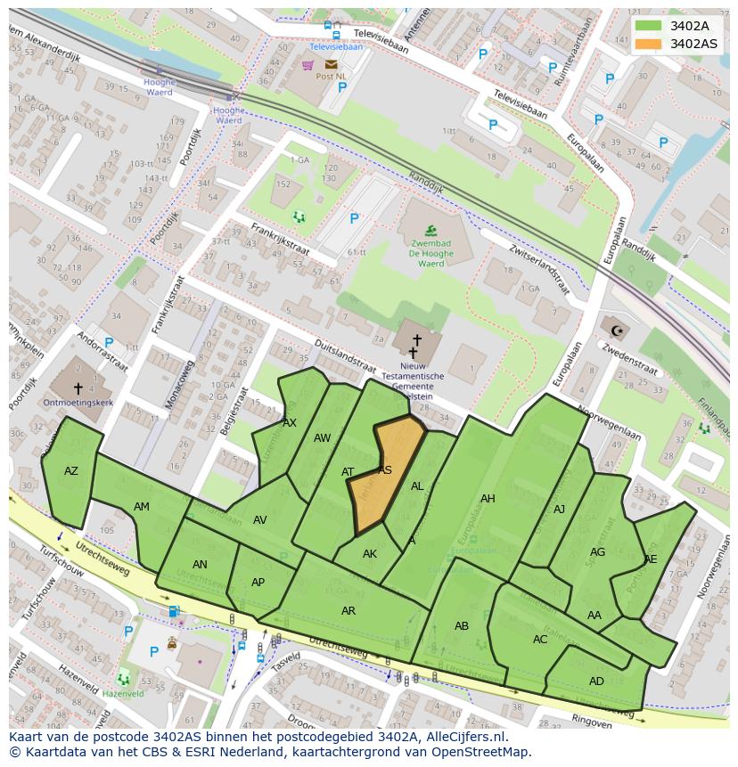 Afbeelding van het postcodegebied 3402 AS op de kaart.