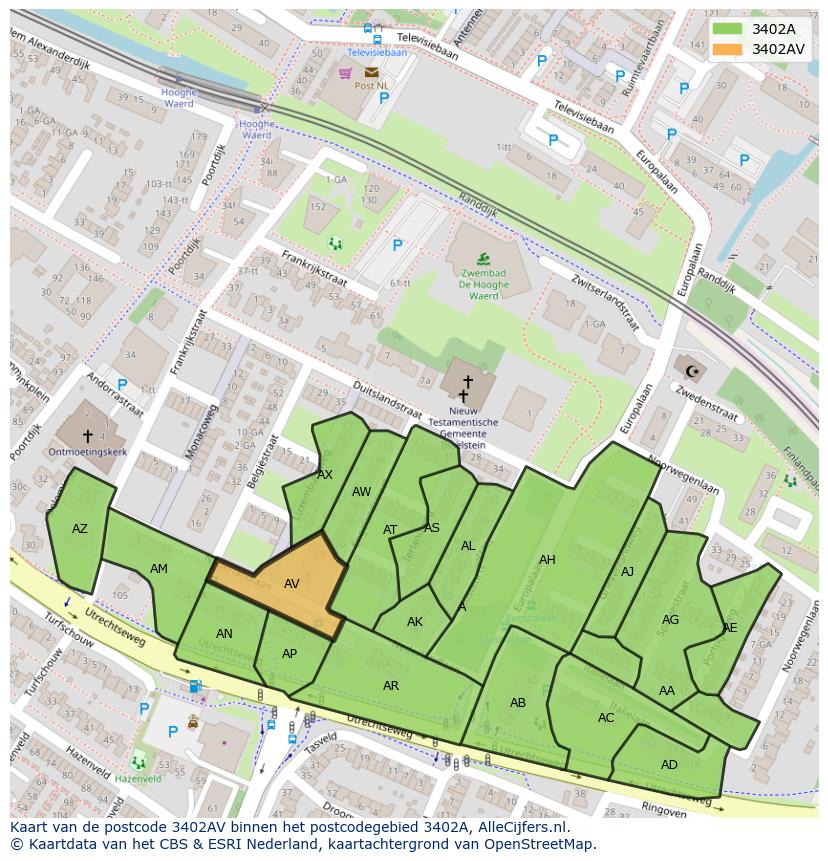 Afbeelding van het postcodegebied 3402 AV op de kaart.