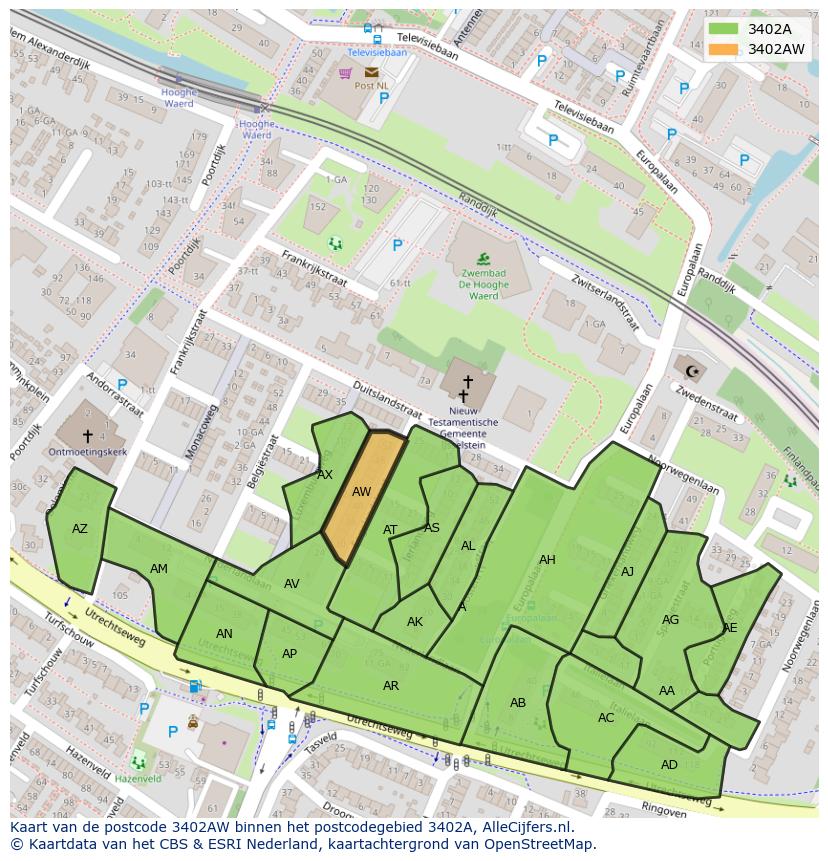 Afbeelding van het postcodegebied 3402 AW op de kaart.