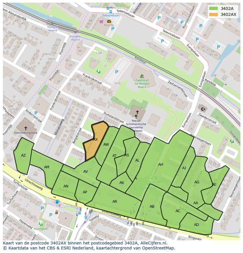 Afbeelding van het postcodegebied 3402 AX op de kaart.