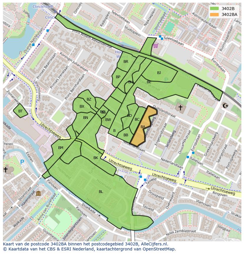 Afbeelding van het postcodegebied 3402 BA op de kaart.