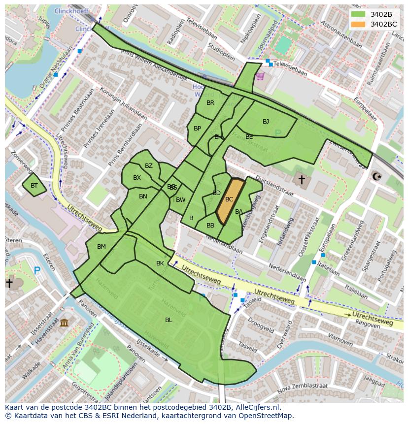 Afbeelding van het postcodegebied 3402 BC op de kaart.