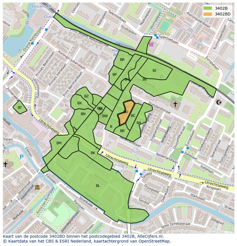 Afbeelding van het postcodegebied 3402 BD op de kaart.