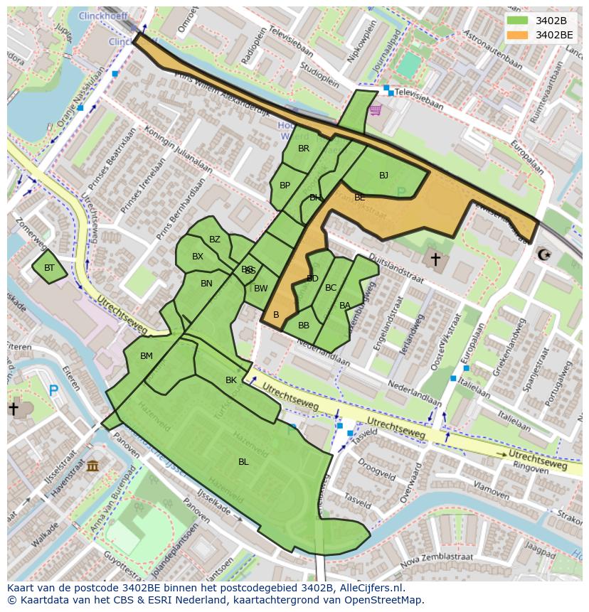Afbeelding van het postcodegebied 3402 BE op de kaart.