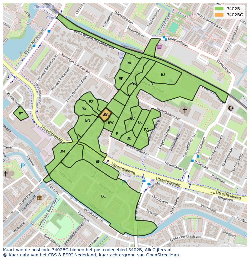 Afbeelding van het postcodegebied 3402 BG op de kaart.