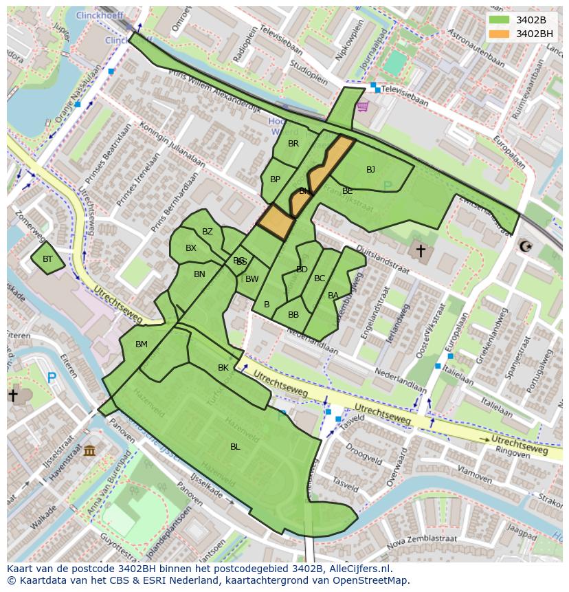 Afbeelding van het postcodegebied 3402 BH op de kaart.