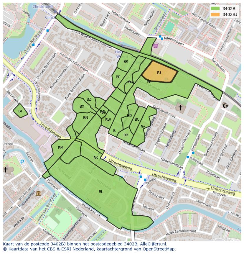 Afbeelding van het postcodegebied 3402 BJ op de kaart.