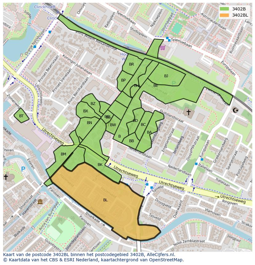 Afbeelding van het postcodegebied 3402 BL op de kaart.
