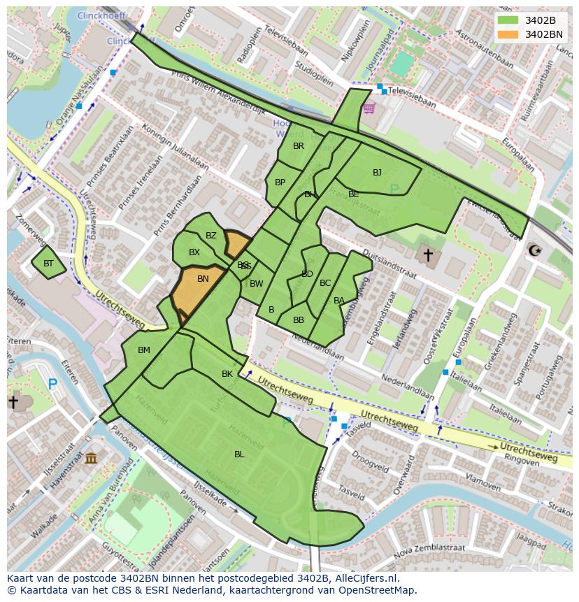 Afbeelding van het postcodegebied 3402 BN op de kaart.