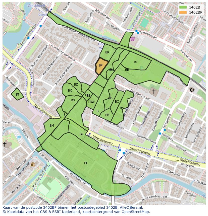 Afbeelding van het postcodegebied 3402 BP op de kaart.