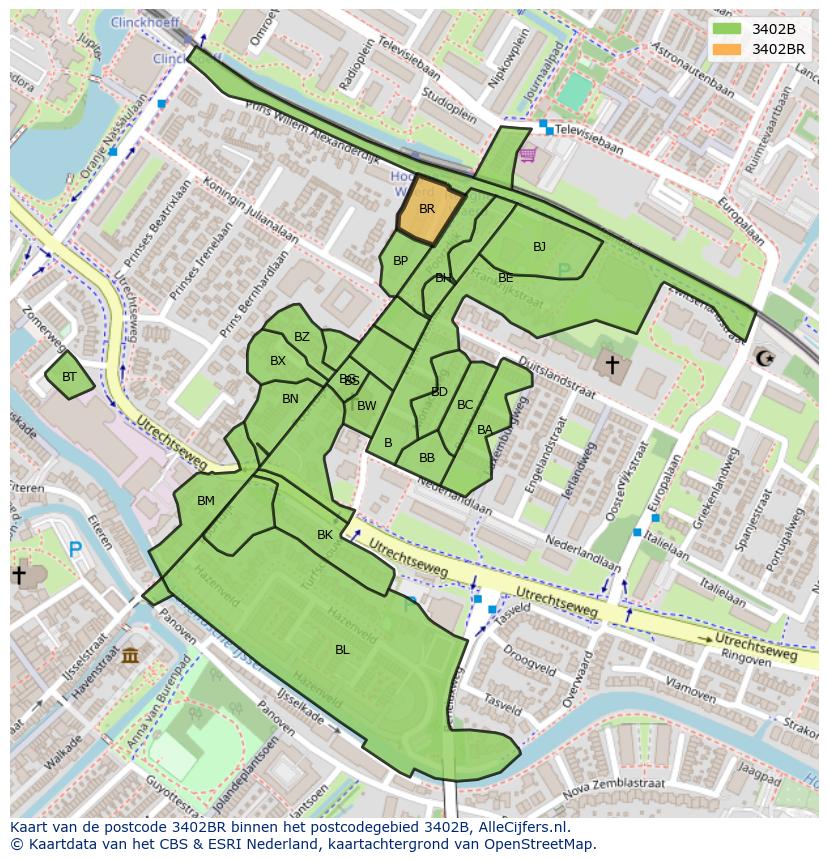 Afbeelding van het postcodegebied 3402 BR op de kaart.