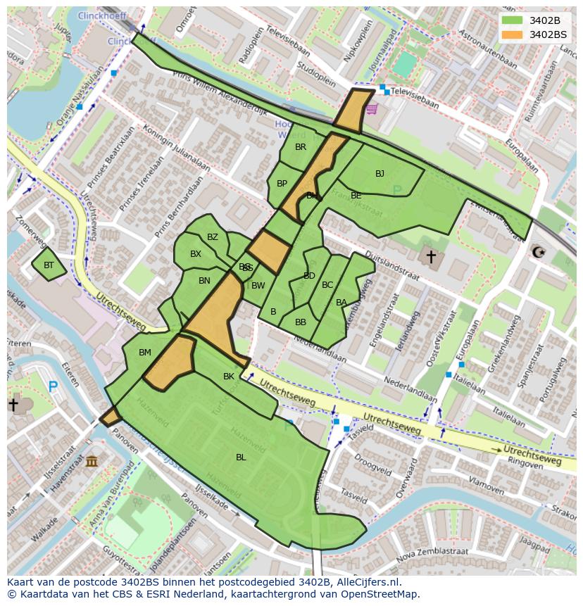 Afbeelding van het postcodegebied 3402 BS op de kaart.