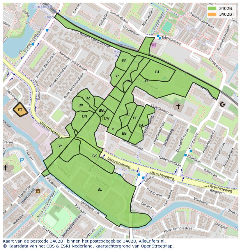 Afbeelding van het postcodegebied 3402 BT op de kaart.