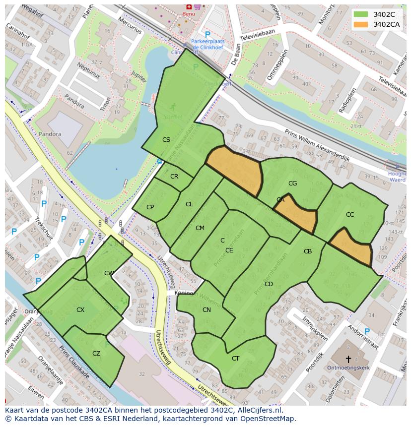 Afbeelding van het postcodegebied 3402 CA op de kaart.