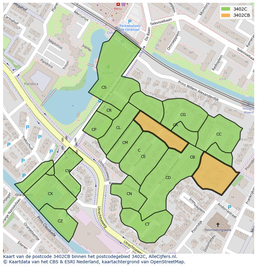 Afbeelding van het postcodegebied 3402 CB op de kaart.