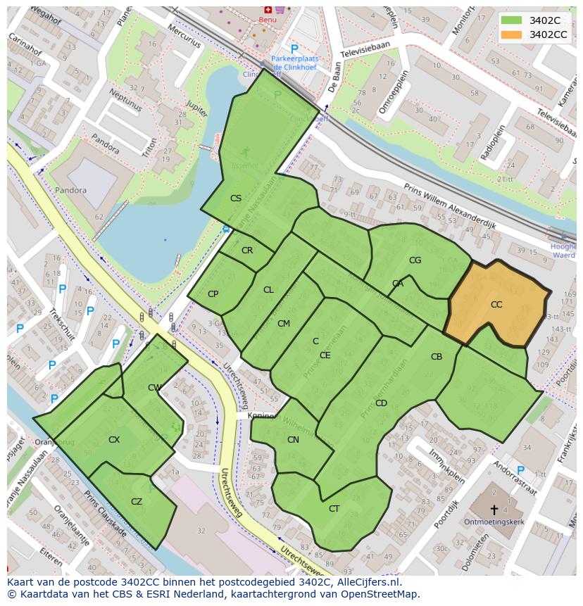 Afbeelding van het postcodegebied 3402 CC op de kaart.