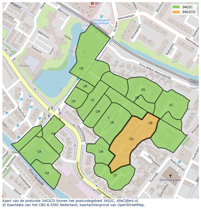 Afbeelding van het postcodegebied 3402 CD op de kaart.