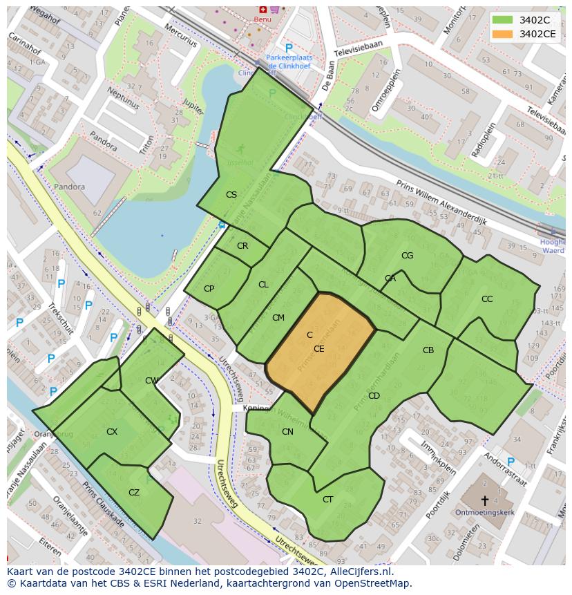 Afbeelding van het postcodegebied 3402 CE op de kaart.
