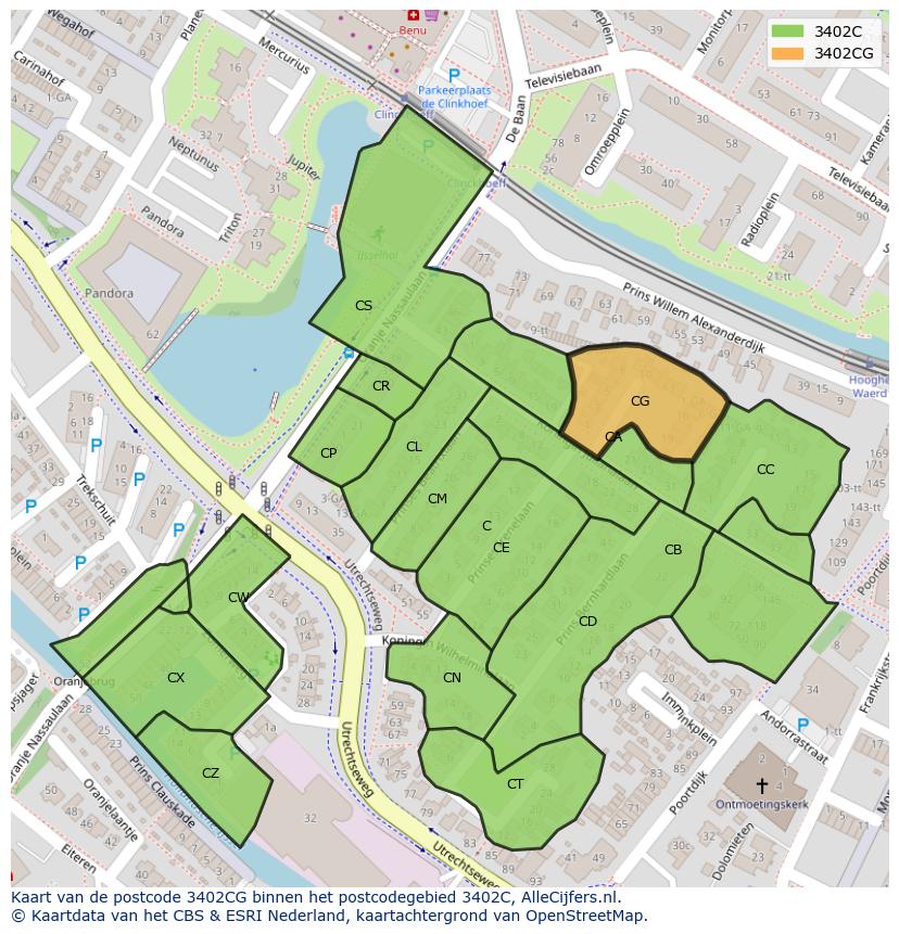 Afbeelding van het postcodegebied 3402 CG op de kaart.
