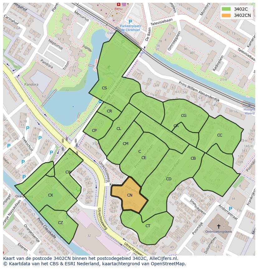 Afbeelding van het postcodegebied 3402 CN op de kaart.