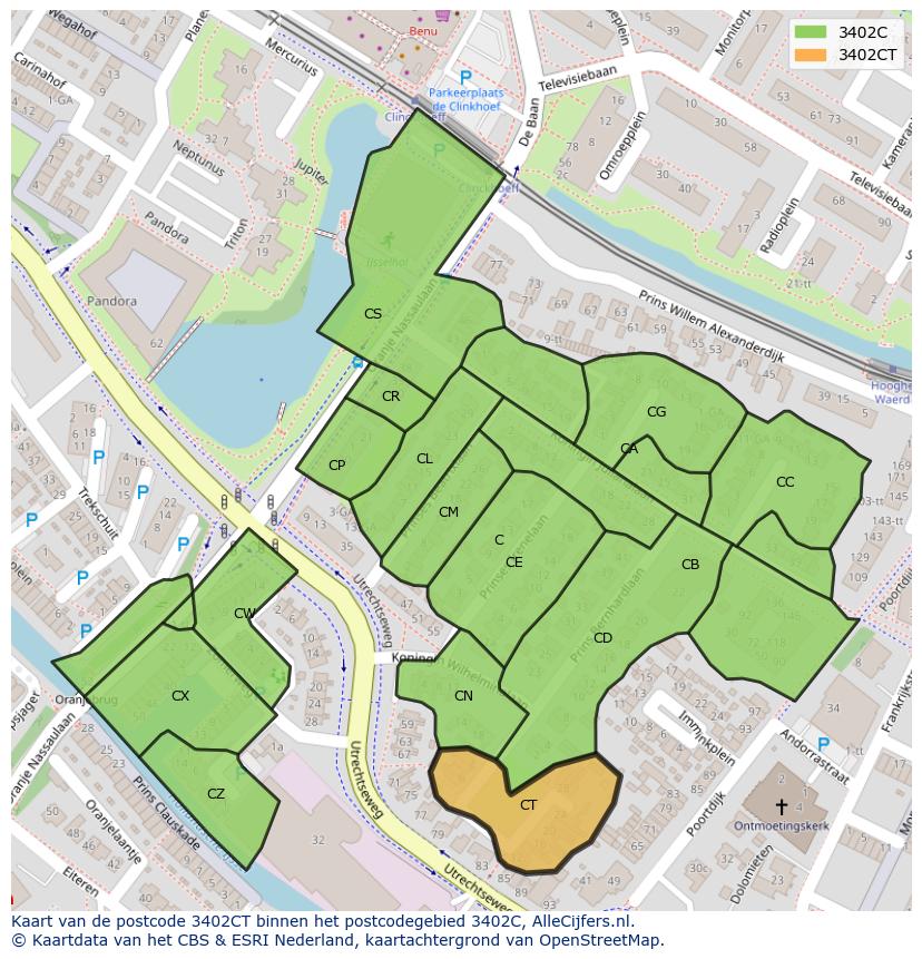 Afbeelding van het postcodegebied 3402 CT op de kaart.