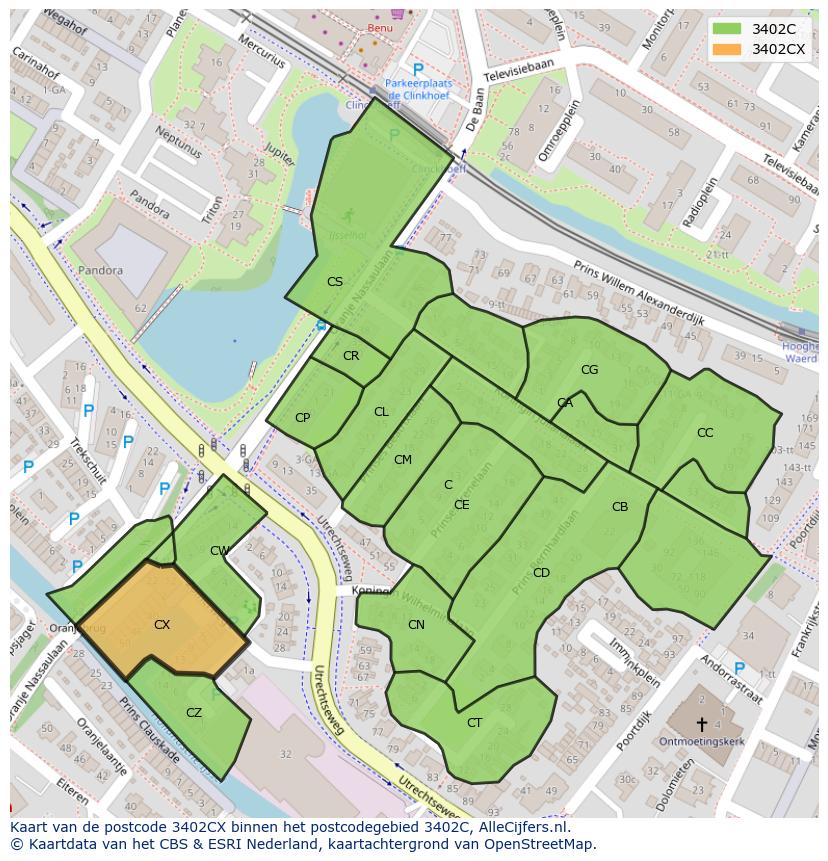 Afbeelding van het postcodegebied 3402 CX op de kaart.