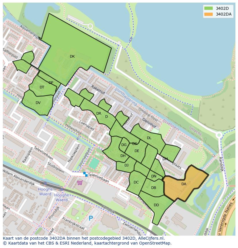 Afbeelding van het postcodegebied 3402 DA op de kaart.