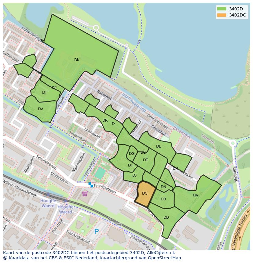 Afbeelding van het postcodegebied 3402 DC op de kaart.