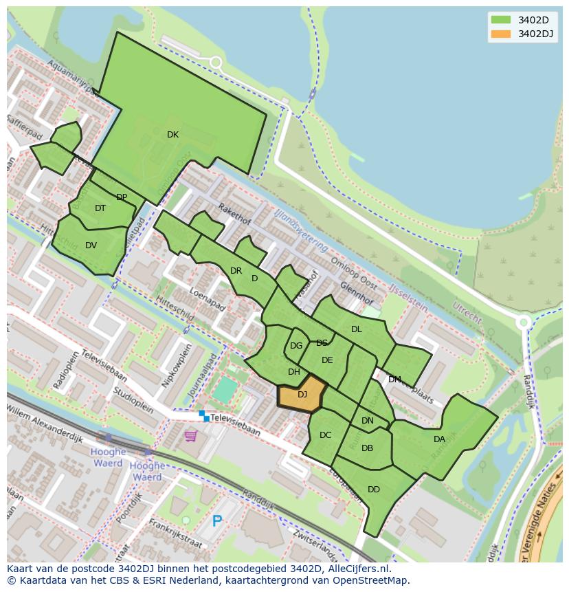 Afbeelding van het postcodegebied 3402 DJ op de kaart.