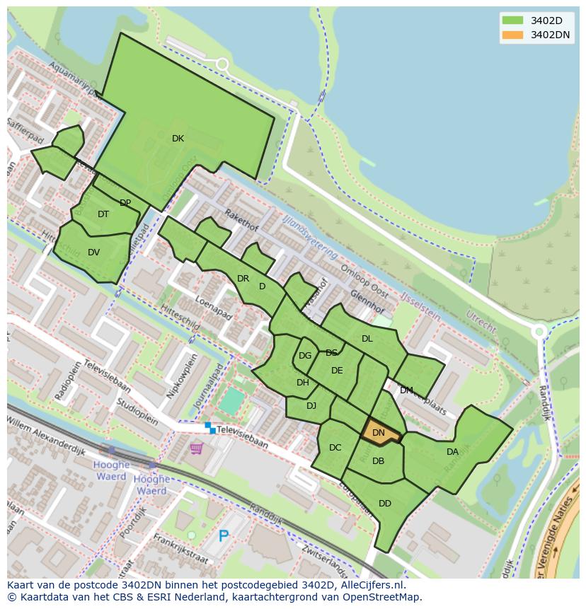 Afbeelding van het postcodegebied 3402 DN op de kaart.