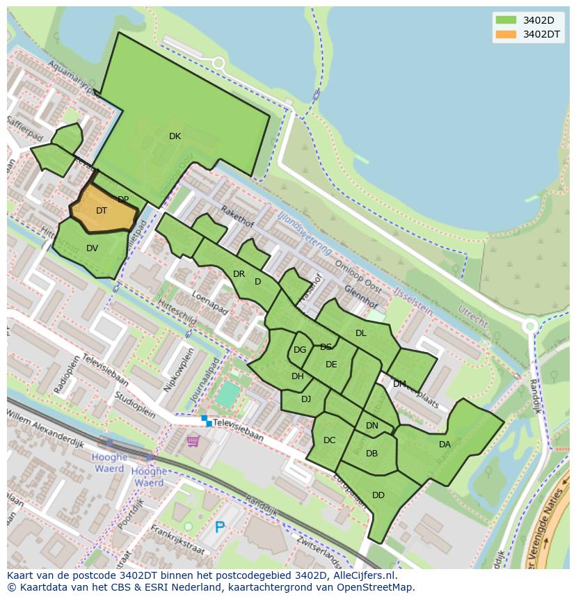 Afbeelding van het postcodegebied 3402 DT op de kaart.