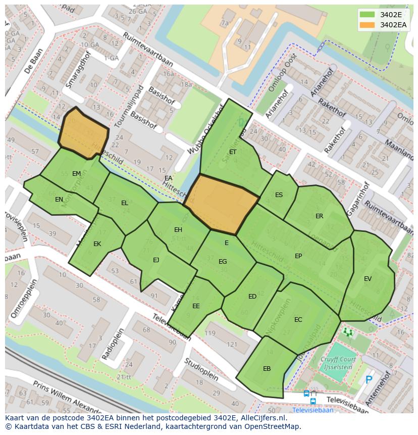 Afbeelding van het postcodegebied 3402 EA op de kaart.