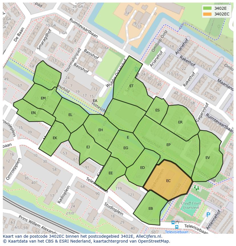 Afbeelding van het postcodegebied 3402 EC op de kaart.