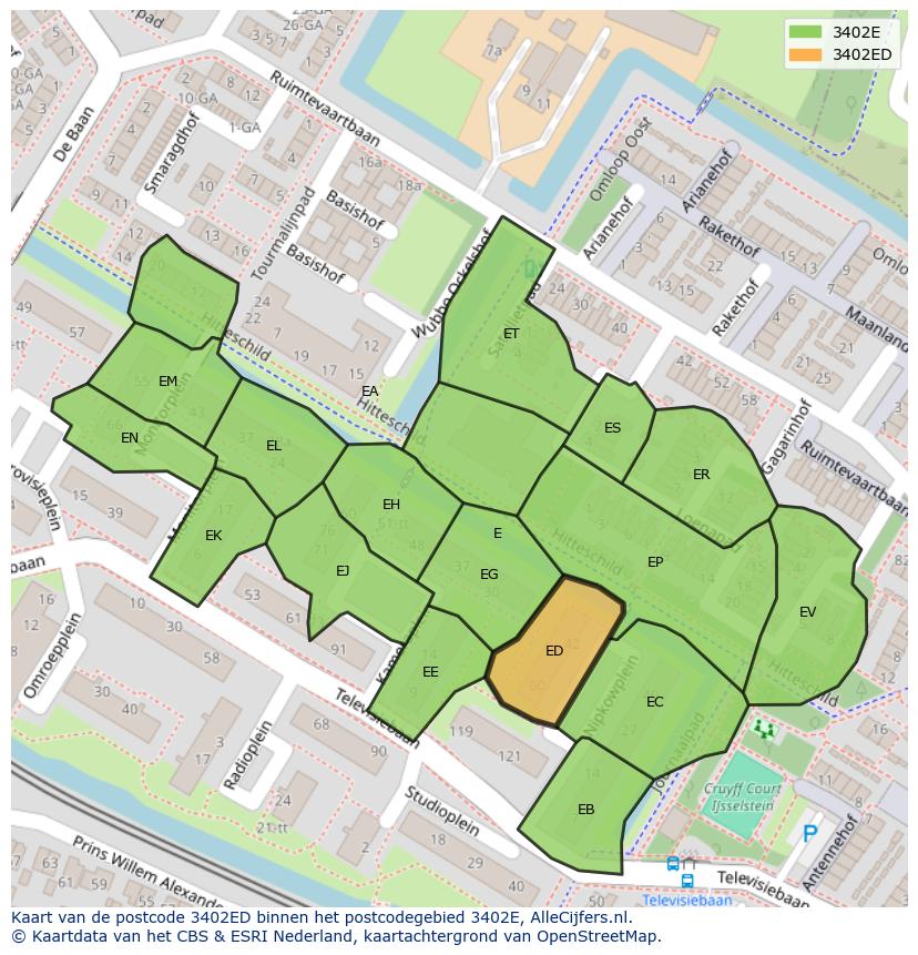 Afbeelding van het postcodegebied 3402 ED op de kaart.