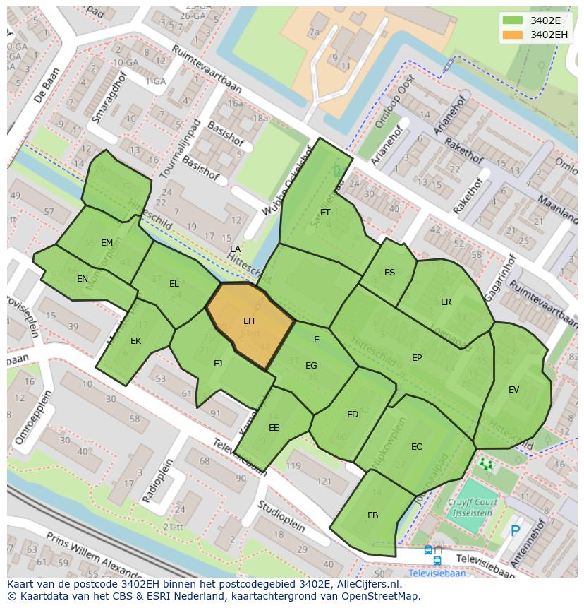 Afbeelding van het postcodegebied 3402 EH op de kaart.