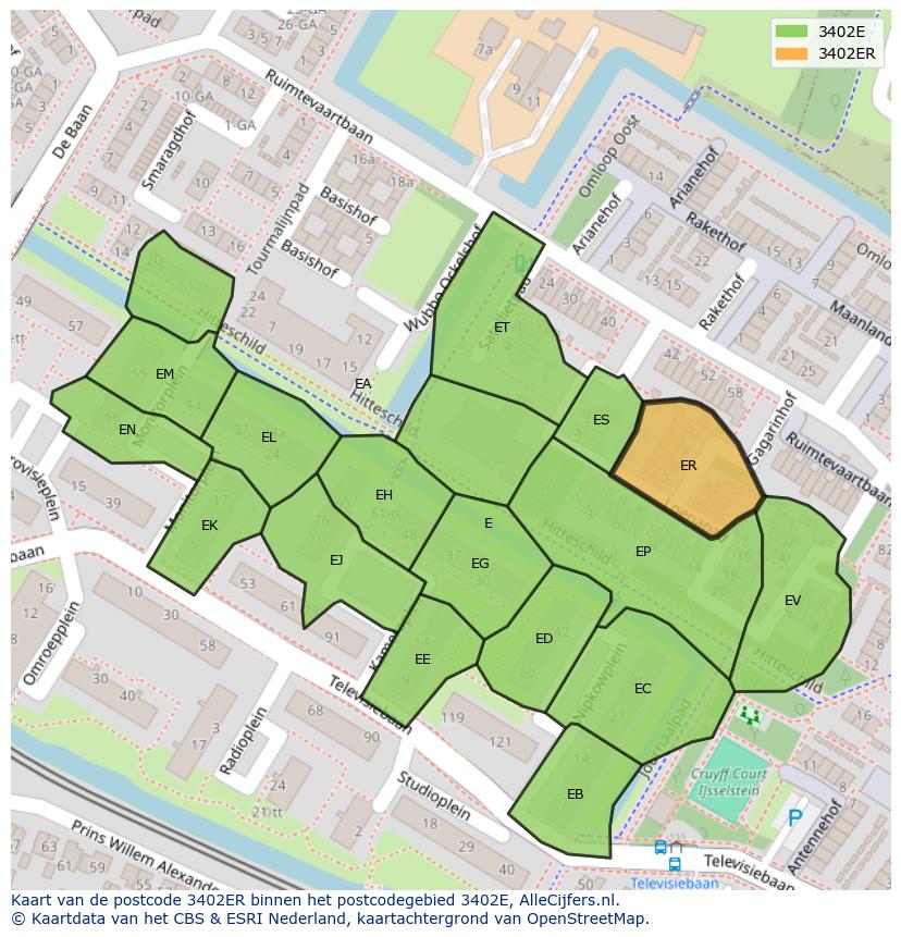Afbeelding van het postcodegebied 3402 ER op de kaart.