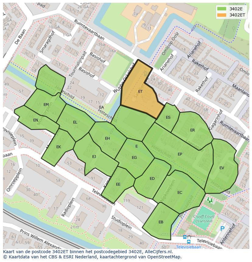 Afbeelding van het postcodegebied 3402 ET op de kaart.