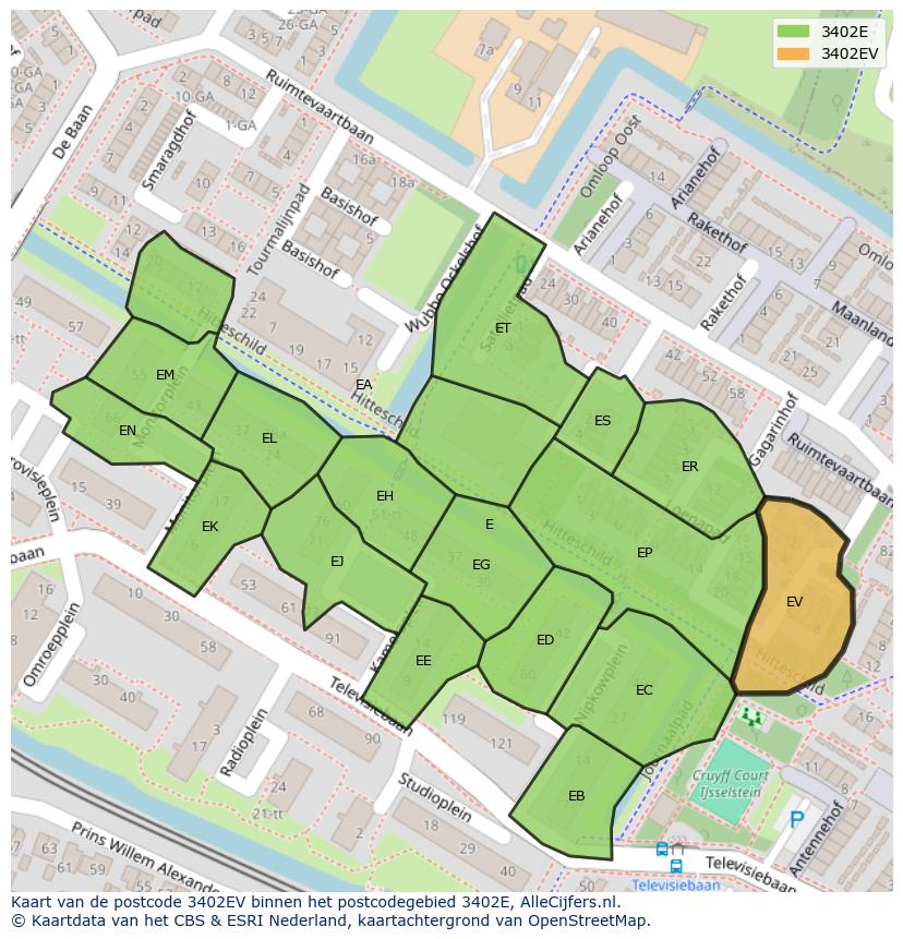 Afbeelding van het postcodegebied 3402 EV op de kaart.