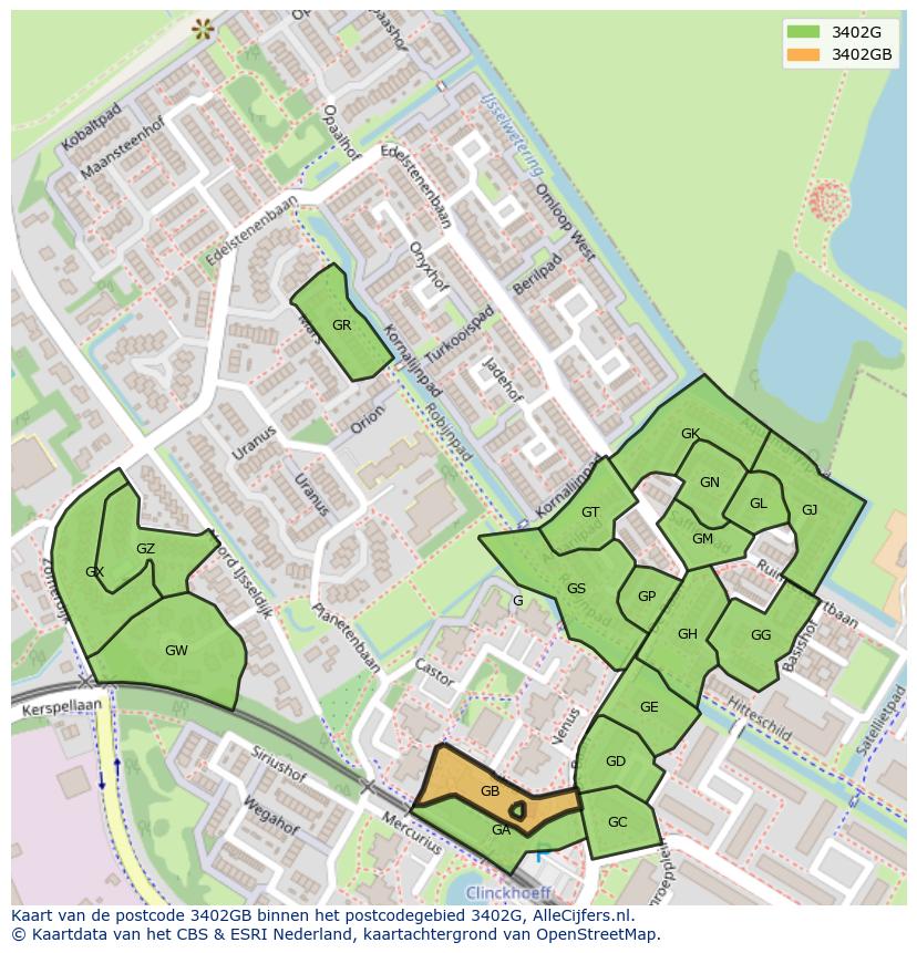 Afbeelding van het postcodegebied 3402 GB op de kaart.