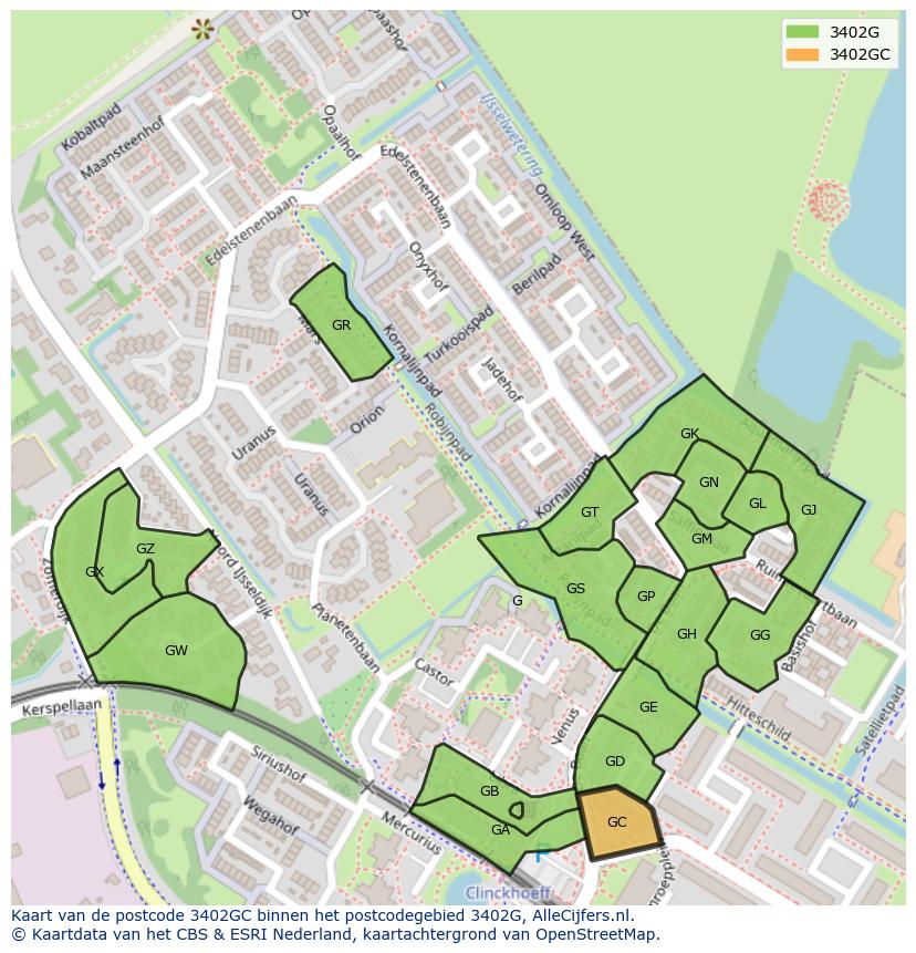 Afbeelding van het postcodegebied 3402 GC op de kaart.