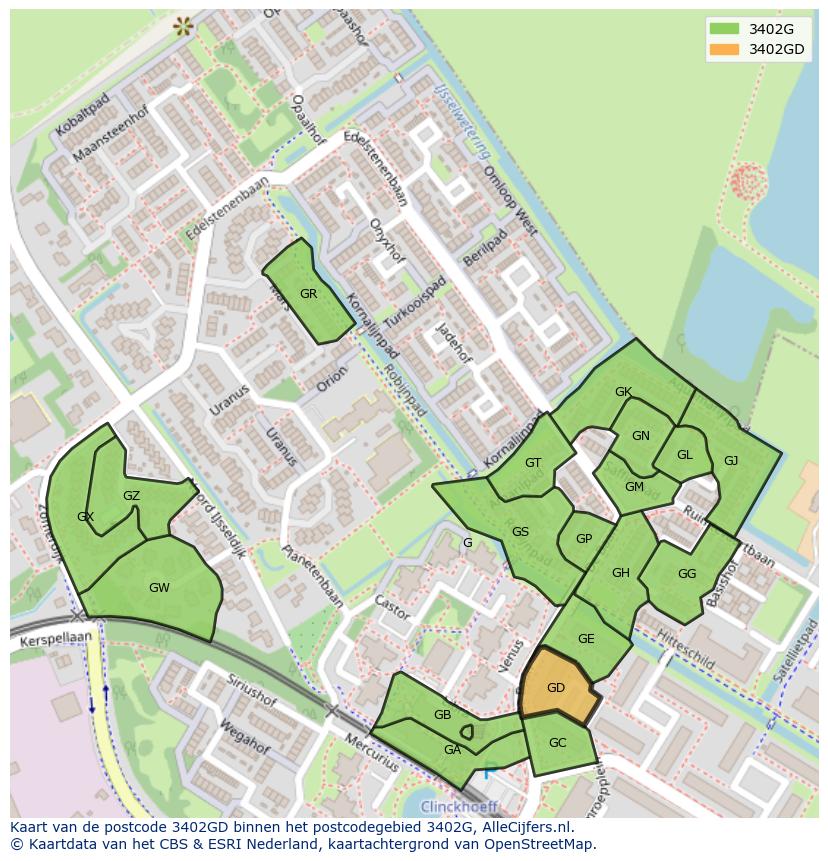 Afbeelding van het postcodegebied 3402 GD op de kaart.