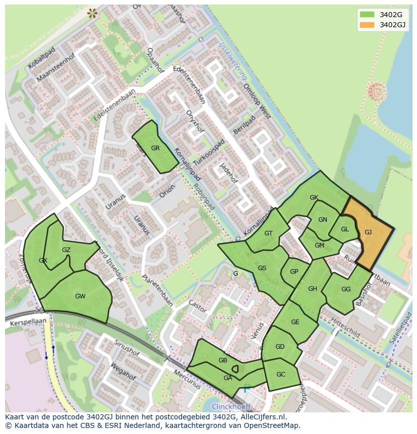 Afbeelding van het postcodegebied 3402 GJ op de kaart.